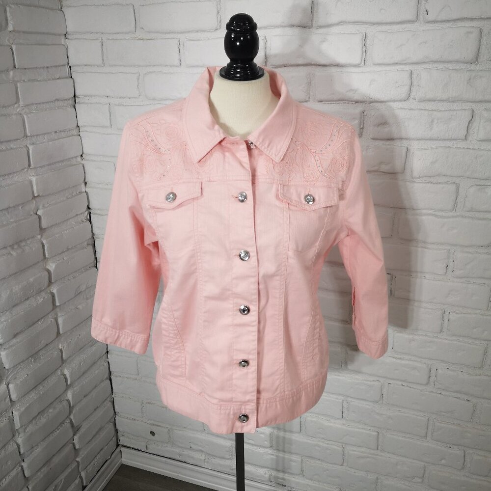 Sears Classic Ladies Size 12 Pink Button Front Embroidery & Sequins Denim Jacket
